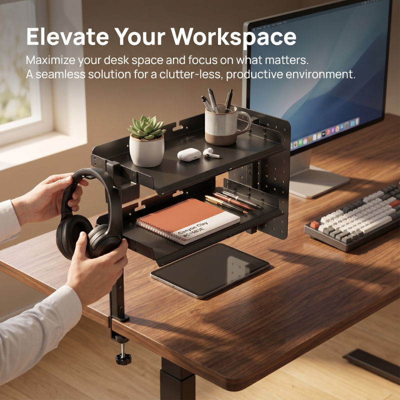 2-Tier Metal Clamp Desk Shelf  - Headphone Stand Desk 评论和价格